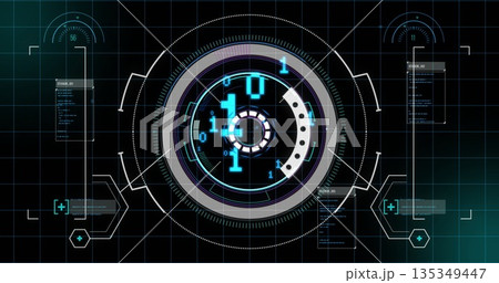 Displaying central holographic interface rotating on grid with binary overlays and code panels Displaying central holographic interface rotating on grid with binary overlays and code panels 135349447
