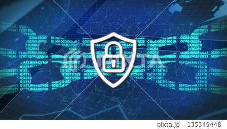 Featuring white shield with padlock icon securing wireframe mesh on world map, with scrolling code 135349448