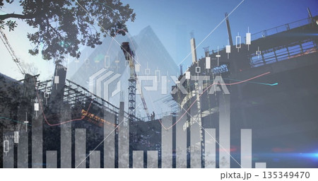 Showing tower crane lifting steel framework at construction site, with translucent financial charts Showing tower crane lifting steel framework at construction site, with translucent financial charts 135349470