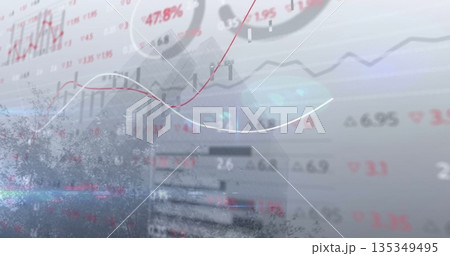 Displaying financial data visualization over city skyline, featuring line graphs and bar charts Displaying financial data visualization over city skyline, featuring line graphs and bar charts 135349495