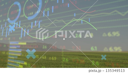Financial data overlay animating in grassland field, with chart lines, bars, numeric labels 135349513
