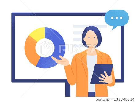 市場シェアや比率を解説。円グラフとタブレットを持つ女性アナリストのイラスト素材。 135349514