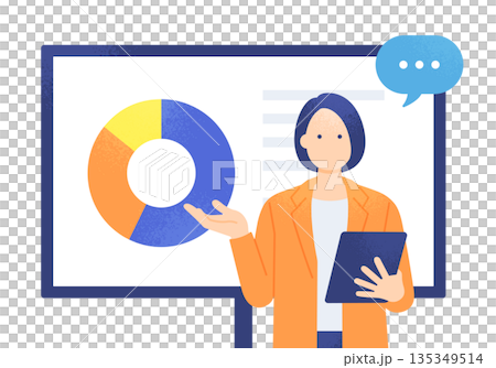 市場シェアや比率を解説。円グラフとタブレットを持つ女性アナリストのイラスト素材。 135349514