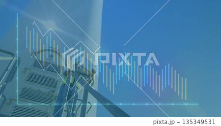 Male technician climbing ladder on turbine with harness and charts overlay, copy space Male technician climbing ladder on turbine with harness and charts overlay, copy space 135349531