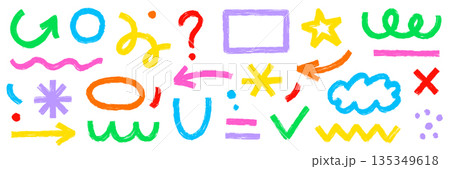 Brush stroke line abstract graphic shapes texture drawn paint set. Hand drawn sketch doodle scribble brush geometric kid color shape crayon. Abstract arrow, circle, zigzag vector Brush stroke line abstract graphic shapes texture drawn paint set. Hand drawn sketch doodle scribble brush geometric kid color shape crayon. Abstract arrow, circle, zigzag vector 135349618