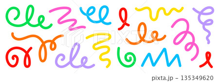 Abstract doodle line shapes and colorful confetti squiggle set. Carnival abstract cute doodle curve confetti design for celebrations, line squiggles, geometric shape elements. Vector 135349620