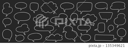 Speech bubble doodle talk set. Hand drawn comic doodle style dialog balloon, thought cloud speech bubble element pack. Cartoons speak elements on a blackboard background. Vector Speech bubble doodle talk set. Hand drawn comic doodle style dialog balloon, thought cloud speech bubble element pack. Cartoons speak elements on a blackboard background. Vector 135349621