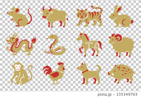 十二支の動物アイコンセット（ベクター）。版画風の和風デザイン 135349703