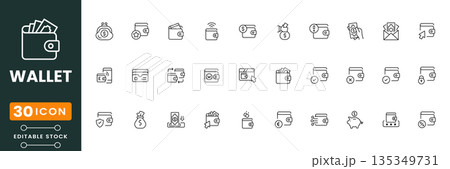 Wallet icon set for finance apps, digital payment, money management, banking UI, ecommerce checkout, minimal flat vector design 135349731