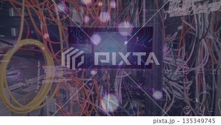 Showing Ethernet cables running through panels with LED lights in server room with digital overlay 135349745