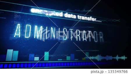 Glitch-styled ADMINISTRATOR flashing in digital interface, with scrolling encrypted data and charts Glitch-styled ADMINISTRATOR flashing in digital interface, with scrolling encrypted data and charts 135349766