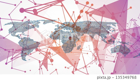 World map displaying network links in digital scene, with network nodes and geometric overlays 135349768