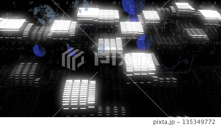 Showing illuminated data blocks floating in virtual grid with binary bits, line graphs, globe icons Showing illuminated data blocks floating in virtual grid with binary bits, line graphs, globe icons 135349772