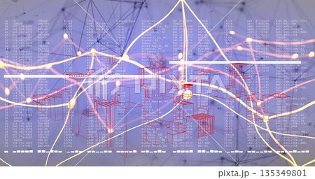 Visualizing red data cluster linking glowing network nodes over code columns in virtual grid 135349801