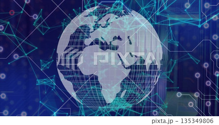 Spinning wireframe globe displaying glowing network lines, hexagonal outlines in virtual interface 135349806
