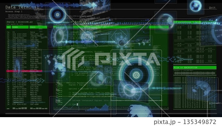 Projecting holographic display streaming green code with HUD graphics on security UI, encryption 135349872