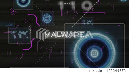 Displaying central MALWARE text hovering over dark cybersecurity dashboard, featuring circuit lines 135349873
