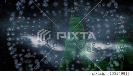 Forming central binary pillar amid stormy cloudscape, swirling digital icons and green data bars 135349915