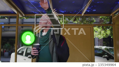 Man in hoodie raising arm waiting bus at gold-framed shelter, with coffee cup, icons, copy space Man in hoodie raising arm waiting bus at gold-framed shelter, with coffee cup, icons, copy space 135349964