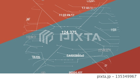 Displaying network flowing on dashboard with white nodes, lines, values, rust red and teal bands 135349967