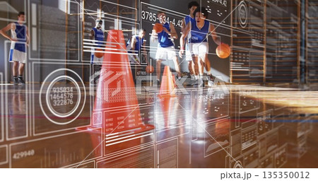 Dribbling teammates wearing blue jerseys and white shorts around cones on gym court, with analytics Dribbling teammates wearing blue jerseys and white shorts around cones on gym court, with analytics 135350012