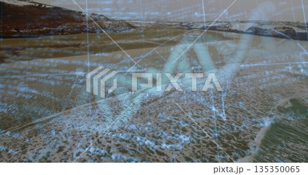 Displaying translucent DNA helix blending with sandy waves at shoreline, with floating numeric text Displaying translucent DNA helix blending with sandy waves at shoreline, with floating numeric text 135350065