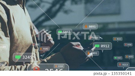 Checking smartphone alerts, commuter wearing backpack and jacket at entrance, icons, copy space 135350141