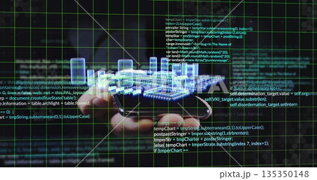 Projecting blue holographic cityscape above smartphone on green grid background, with floating code 135350148