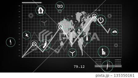 Displaying dashboard on screen showcasing world map grid with line graph, icons and numeric table 135350161