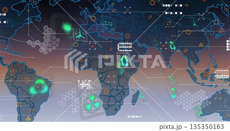Digital world map showing heatmap spots, hex grids, warning markers and eco icons in dashboard UI Digital world map showing heatmap spots, hex grids, warning markers and eco icons in dashboard UI 135350163