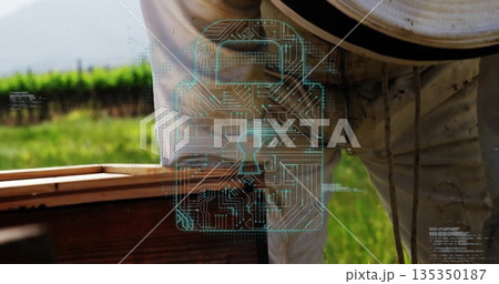 Beekeeper in suit and veil leaning over beehive box in apiary with padlock graphic, copy space Beekeeper in suit and veil leaning over beehive box in apiary with padlock graphic, copy space 135350187