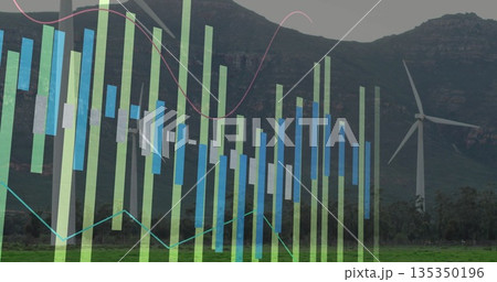 Rotating wind turbine on grassy field at mountain base, with bar and line overlays, copy space Rotating wind turbine on grassy field at mountain base, with bar and line overlays, copy space 135350196