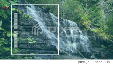 Cascading waterfall streaming over moss-covered rock tiers in forest gorge, with UI overlay 135350219