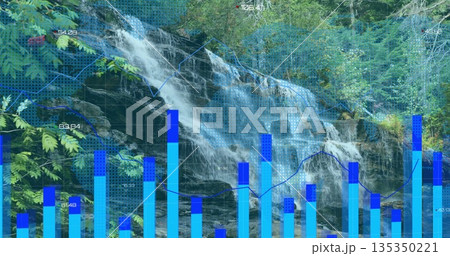 Streaming multi-tiered waterfall cascading over layered rock at forest, with blue bar chart overlay 135350221