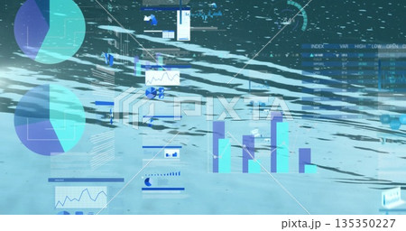Composite data dashboard floating over virtual water surface, with pie charts and bar graphs 135350227