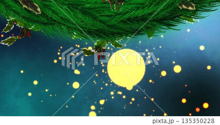 Pine branches adorned with holly berries decorating festive graphic, glowing orb and sparkles 135350228