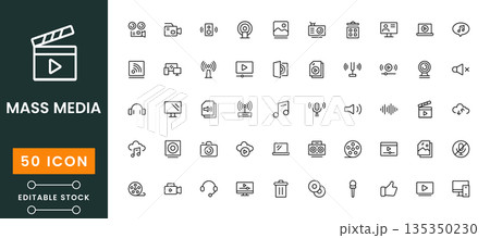Mass media icon set, news broadcasting and communication symbols, digital journalism media icons, modern flat vector design 135350230