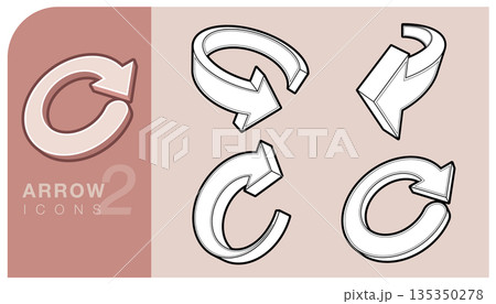 3d isometric refresh arrow icons set. Collection of curved arrows in different perspectives, symbolizing reload, recycle, or circular actions in style. Vector Illustration. 135350278