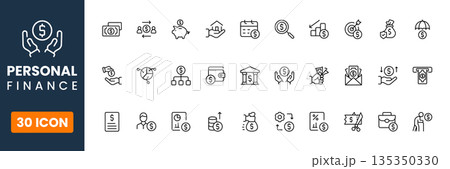 Personal finance icon set, money management budgeting savings symbols, financial planning icons, modern flat vector for apps and web 135350330