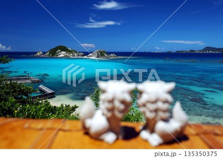 沖縄の美しい海を見つめるシーサーカップル 135350375