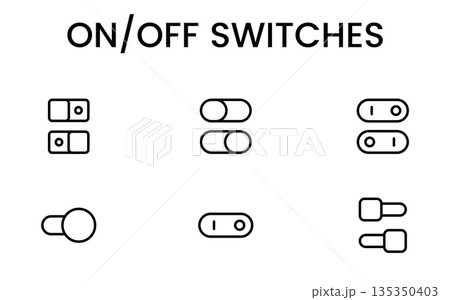 Modern on/off switch icon set featuring toggle buttons, power controls, UI switches and minimal interface elements designed for apps, web and dashboards. Modern on/off switch icon set featuring toggle buttons, power controls, UI switches and minimal interface elements designed for apps, web and dashboards. 135350403