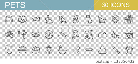 Pet icon set: dog, cat, bird, fish, hamster, rabbit, medical care 135350432