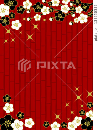 梅と竹垣、赤、背景イラスト、かわいい、シンプル、縦 梅と竹垣、赤、背景イラスト、かわいい、シンプル、縦 135350533