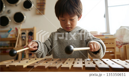 情操教育として音楽を学ぶ 幼少期の子供の木琴自主練習 135350651