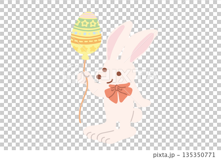 一隻可愛的兔子拿著一個復活節彩蛋氣球的插圖 135350771