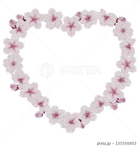 【桜の花のハートフレーム】手刺繍イラスト素材 135350853