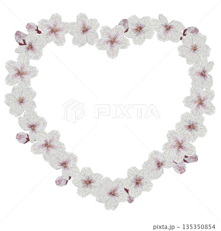 【桜の花のハートフレーム】手刺繍イラスト素材 135350854