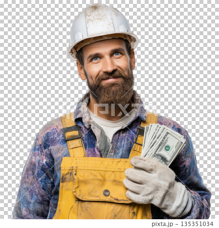 Construction worker, hard hat, safety glove, beard, money, cash, savings construction worker with money reward looking Construction worker, hard hat, safety glove, beard, money, cash, savings construction worker with money reward looking 135351034