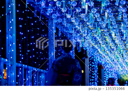 【愛知県飛島村】とびしま宵あかり　風鈴とイルミネーションの絶景を眺める女性 135351066