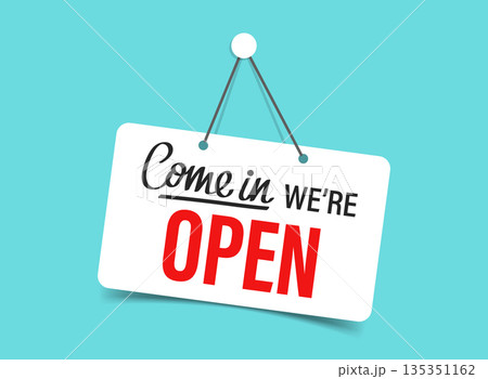 Open sign icon in flat style. Signboard vector illustration on isolated background. Welcome banner sign business concept. Open sign icon in flat style. Signboard vector illustration on isolated background. Welcome banner sign business concept. 135351162